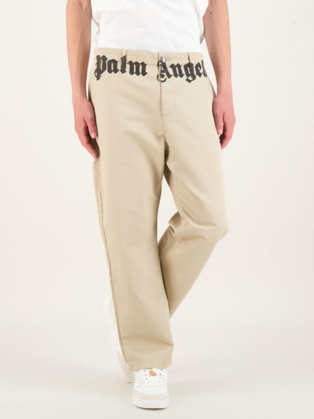 Palm Angels PMCG005S23FAB002 Waistband Logo Chino Pants Beige Size L Worn 2x - Picture 2 of 9